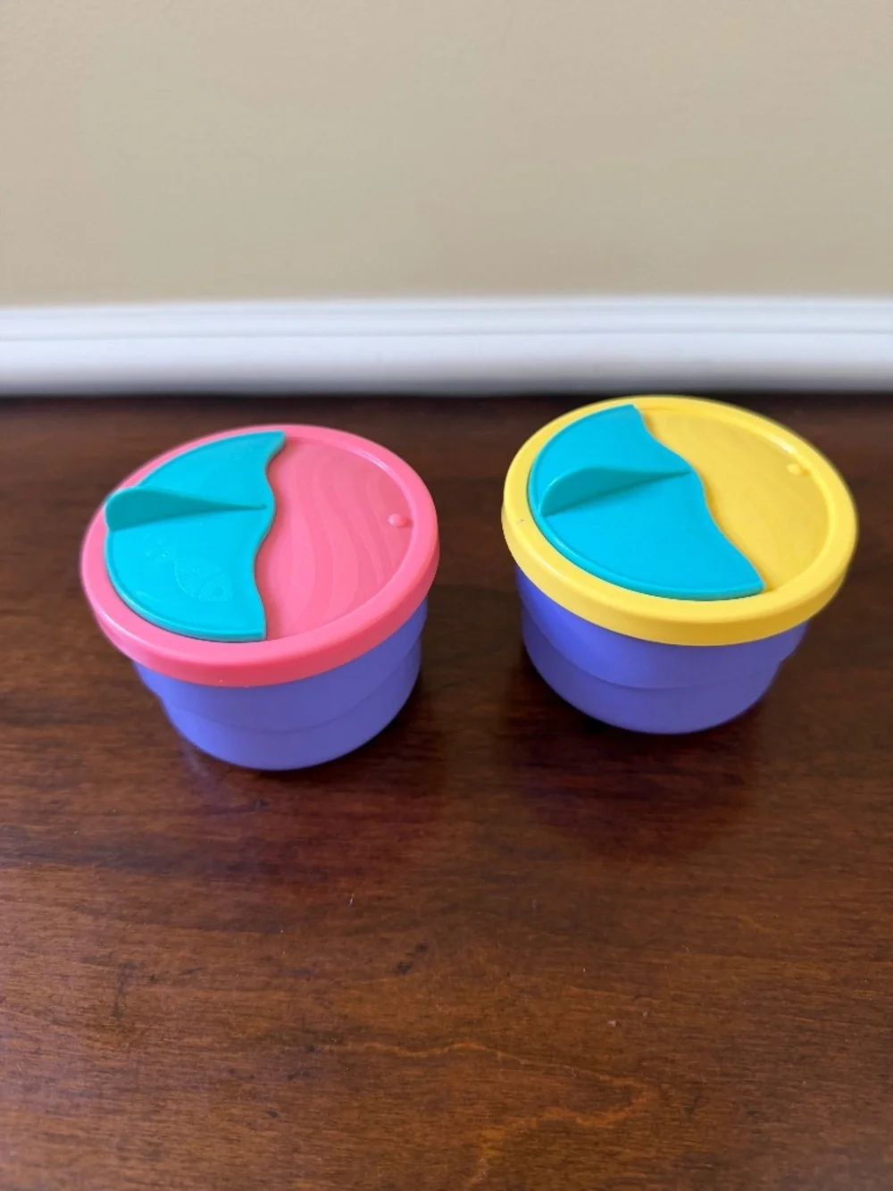 Vintage Tupperware Snack Be Nimble Purple Container Cup, Pink, Yellow, Teal Lid